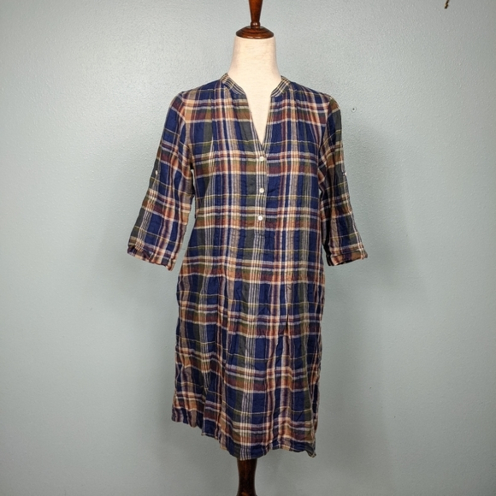J. McLaughlin navy brown plaid linen dress XS